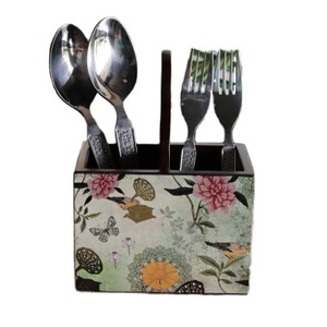 Logo personnalisé porte-couverts en bois d'acacia autocollant imprimé double vaisselle de stockage caddie organisateur usine 4-Packs de stockage de couverts - Product Image 1