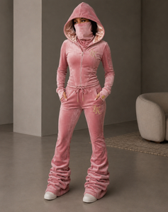 Custom Luxury Boutique Quality Embodied Women Flare <b>Tracksuit</b> Heavyweight Fleece Front Winter Trendy Hoodie Stacked Jogger Set - Product Image 5