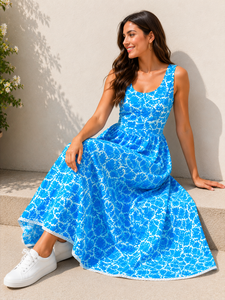 Vestido Largo Premium de Algodón Estampado Azul Estilo Western con Cuello Redondo, Sin Mangas, Dobladillo Plisado Acampanado, Casual de Verano para Playa - Product Image 6