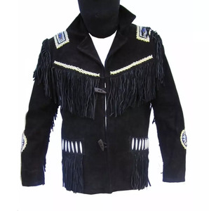 High Top Quality Fringed & Beaded Original Cow <b>Suede</b> Leather Western Style Men Black Eagle Cowboy <b>Jacket</b> - Product Image 4