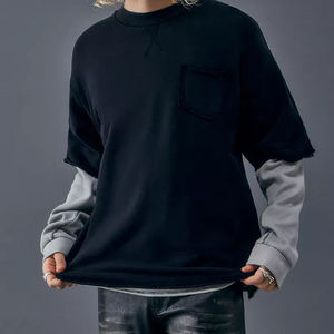 Camiseta de punto negra extragrande para hombre, manga larga, cuello redondo, ribete en contraste, color sólido, estilo casual - Product Image 1