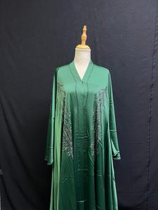 Élégante robe longue turque en polyester vert, à manches longues, col en V, ornée de perles, pour mariage, soirée, style Moyen-Orient - Product Image 4