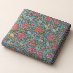 Sky Blue Pink Floral Hand Block Printed Cotton Fabric <b>Set</b> With Botanical Motif Stripe Design For Dress Kurta <b>Sewing</b> Home Textile - Product Image 2