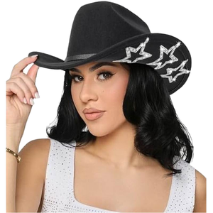 Chapeau de cowboy noir avec broderie d'étoiles scintillantes, style punk pour femmes, fête, printemps, été, 56-58 cm - Product Image 5