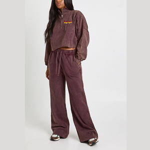 Ensemble sweat à capuche et pantalon de survêtement molletonné pour femme, coupe classique, 100 % coton épais, délavé à l'acide, avec fermeture éclair en dentelle, style streetwear, personnalisable (OEM/ODM) - Product Image 1