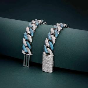 Luxury Iced Cuban Link Chain <b>Necklace</b> Moissanite Hip Hop Unisex <b>Statement</b> Blue Silver Tone Jewelry - Product Image 4