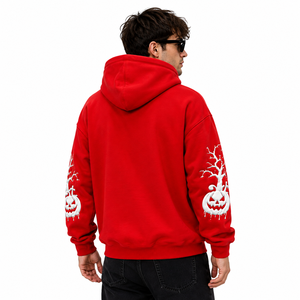 เสื้อฮู้ดลายกราฟิกฮาโลวีนสำหรับผู้ชาย สีแดง แบบสวมหัว พิมพ์ลายผี ฟักทอง ค้างคาว และสุสานแบบ 3 มิติ ผ้าฝ้ายฟลีซ สวมใส่สบาย - Product Image 4