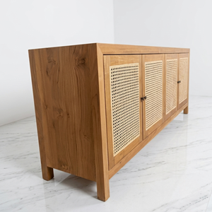 Rattan Cane Cabinet Solid Teak Wood 4 Door Woven Panel Round Knob Straight Leg Living Room Storage <b>Sideboard</b> Furniture Buffet - Product Image 6