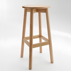 Tabouret de bar rond en chêne massif avec pieds coniques, sans dossier et avec repose-pieds - Product Image 1
