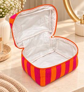 Bolsa de Cosméticos Acolchada de Algodón con Rayas Rosa y Naranja, Estuche de Maquillaje Portátil con Cierre, Organizador de Artículos de Aseo - Product Image 3