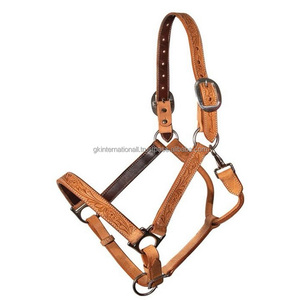 Western Pattern Floral Tooled Hand Carved Leather Horse <b>Halter</b> Custom Made Tan Genuine Leather Horse Racing <b>Halter</b> & Accessories - Product Image 2