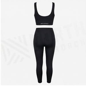 2 Piece Yoga Set Solid <b>Black</b> Seamless High Waist <b>Leggings</b> Crop Top Racerback Sleeveless Full Length Sportswear - Product Image 2