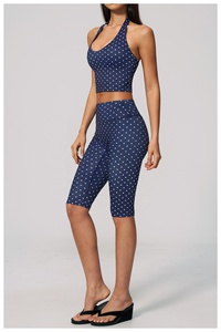 Navy Blue Polka Dot Yoga Set Halter <b>Crop</b> <b>Top</b> High Waist Calf-Length Pants Seamless 2 Piece Spandex Polyester - Product Image 2