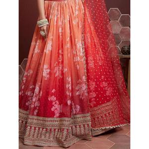 Étonnante soie organza imprimée numérique orange Lehenga Choli - Product Image 1
