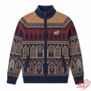 Veste en tricot jacquard personnalisée pour homme en laine/acrylique, avec fermeture éclair intégrale, cardigan côtelé, tricotage de style traditionnel, OEM ODM - Product Image 1