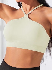 Ladies Seamless Halter Neck Active <b>Top</b> Thin Strap Straight Back Exercise Brassiere High <b>Compression</b> Workout Vest Vendor - Product Image 2