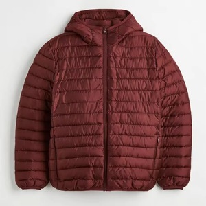 Men's <b>Burgundy</b> Hooded <b>Puffer</b> <b>Jacket</b> Zipper Closure Windproof Casual Winter Wear Regular Length Polyester Wadding - Product Image 1