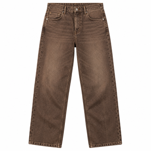 Jean délavé marron coupe décontractée jambe large en denim cinq poches style streetwear décontracté vente en gros fournisseur de vêtements personnalisés - Product Image 1