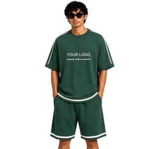 Forest Green Mens Oversized <b>T</b> <b>Shirt</b> And Shorts Set White Contrast Piping Customized Logo Crew Neck Casual Streetwear Wholesale - Product Image 1