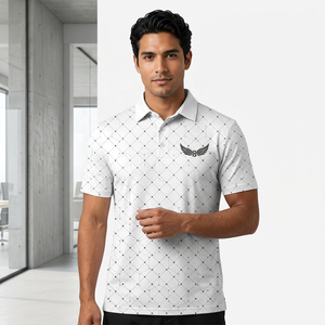 Polo à manches courtes pour homme, imprimé géométrique blanc, tissu tricoté respirant, style décontracté chic, logo sur le devant - Product Image 6