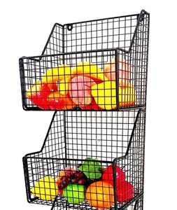 Panier de rangement suspendu en fil métallique noir pour fruits et légumes, empilable, pour la cuisine domestique, vente en gros d'usine - Product Image 4