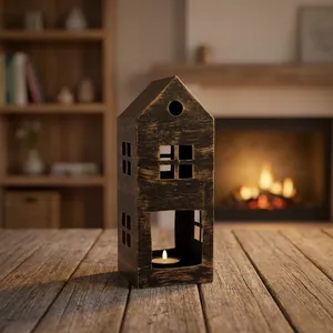 Portavelas de Hierro con Forma de Casa Navideña, Diseño Artesanal, con Ventanas Recortadas, Decoración para el Hogar, Acabado Antiguo - Product Image 1