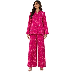 Premium Women's Floral Printed 2 Piece Co-Ord Set Long Sleeve High-Low Button <b>Down</b> Shirt with Wide Leg <b>Trousers</b> Casual Wear - Product Image 1