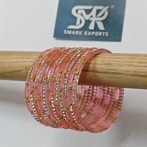 Luxury Peach Pink Stone Studded <b>Glass</b> <b>Bangles</b> Set Handmade Traditional Indian Bridal Wedding Jewelry for Women - Product Image 1