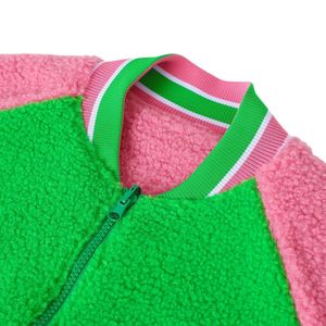 เสื้อแจ็คเก็ตบอมเบอร์เชอร์ปาแบบกลับด้านได้ สีชมพูเขียว ยูนิเซ็กส์ อุ่นสบายด้วยผ้าฟลีซ สไตล์วาร์ซิตี้ แฟชั่นลำลอง เสื้อผ้าสไตล์กรีก - Product Image 2