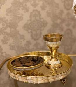 Decorative Brass Incense <b>Burner</b> Set With Shell Inlay Tray And Candle Holder Aromatic Use All-Season Eastern Style Ware Set - Product Image 1