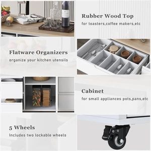 Store Kitchen Island Cart with Rubber Wood Countertop 8 Free-Drawn Handles Flatware Organizer and 5 Drawers - Product Image 6