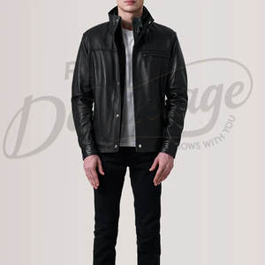 Veste en cuir noir pour homme, style col à boutons, en véritable peau de mouton, coupe ajustée, automne-hiver, décontractée, style moto, fermeture éclair, vêtement d'extérieur - Product Image 5