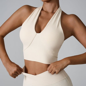 Soutien-gorge de sport léger pour femme, style européen et américain, col halter, gilet de yoga, absorption des chocs avant, côtelé, ajusté, maintien moyen - Product Image 6