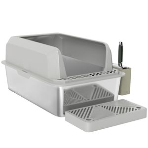 High Sided Stainless Steel <b>Cat</b> Litter <b>Box</b> Anti-Urine Leakage Non-Sticky Features Includes Metal Scoop Scoop Holder Accessory - Product Image 1