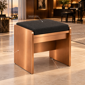 Taburete Tapizado con Estructura de Cobre de Diseño |   Juego de Muebles de Asientos Modernos con Paneles de Metal Cepillado y Asiento Acolchado Negro para Uso Doméstico - Product Image 2