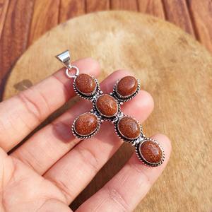 Pendentif Croix en Laiton Fait Main, Pierre de Sable Dorée Naturelle, Vintage, Unisexe, Plaqué Argent Antique, Bijou Cadeau à Bas Prix - Product Image 5