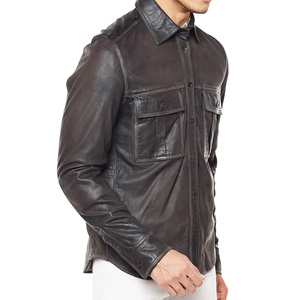 Chemise en cuir noir pour homme, manches longues, col rabattu, couleur unie, style vêtements de travail, tenue d'automne - Product Image 3