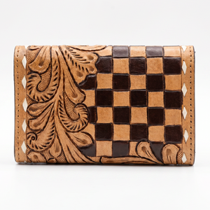 Handmade Genuine Leather Tri-Fold <b>Wallet</b> With Embossed Floral & Checkered Pattern Vintage Style Women's Short <b>Card</b> <b>Holder</b> <b>Wallet</b> - Product Image 3