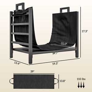 Modern 19.3\" X 13.4\" X 17.3\" Black Metal Firewood <b>Rack</b> Indoor Outdoor Durable Wood Storage with <b>Log</b> Carrier Handles - Product Image 3