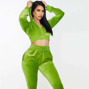High Quality Two Piece <b>Tracksuit</b> Set <b>Velvet</b> Women Streetwear Custom Crop Top Zip up Pullover Hoodies and Sweatpants Set - Product Image 4
