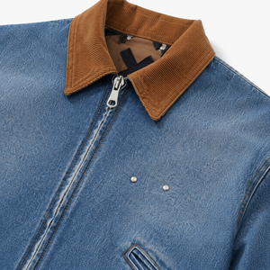 Veste en jean vintage pour homme, fermeture éclair, col en velours côtelé contrastant, style streetwear décontracté, fabricant OEM ODM - Product Image 6