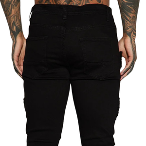 Jean en denim noir déchiré pour homme, coupe slim, décontracté, style streetwear vintage, détails déchirés, cinq poches, en coton - Product Image 4