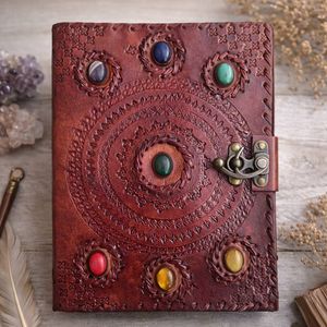 Wholesale Yoga Mindfulness Handmade Medieval Seven Chakra Stone Embossed Thread Sewing Leather Hardcover Journal Gift Poetry - Product Image 1