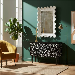Console noire en os incrusté, ornée de motifs floraux et dotée de trois tiroirs, disponible à prix de gros. - Product Image 6