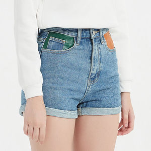 Short en jean taille haute patchwork contrastant en coton délavé pour femme – Style décontracté été - Product Image 1