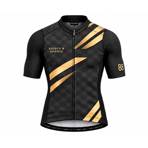 Maillot de Ciclismo Negro y Dorado con Cierre Completo, Mangas Cortas, Diseño Monograma y Tres Bolsillos Traseros - Product Image 1