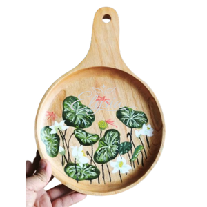 Bandeja Redonda de Madera para Servir con Asa, Diseño Pintado a Mano de Estanque de Loto, Bandeja Decorativa de Madera Natural, Decoración del Hogar, Regalo, Venta al por Mayor - Product Image 1