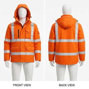 Premium 300 GSM Polyester Oxford Winter Leather <b>Jacket</b> <b>Orange</b> Hi <b>Vis</b> Reflective Tape Padded Hooded Utility Workwear Design Front - Product Image 1