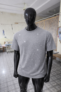 T-shirt décontracté pour homme gris à imprimé étoile en strass, manches courtes, col rond, 100 % coton, streetwear, motif uni, tendance pour l'été - Product Image 5
