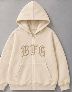 Sweat à capuche zippé brodé BFG unisexe coupe classique en molleton bouclette pour l'automne – Blanc, Gris, Noir, Bleu, Rose, Beige - Product Image 4